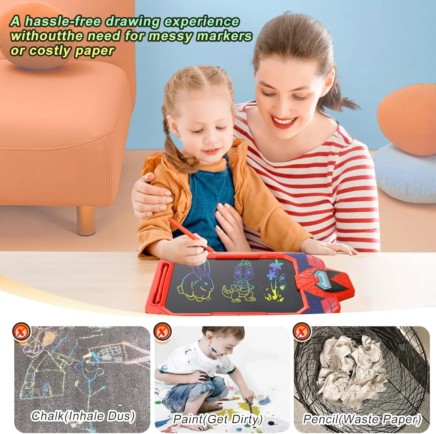 10 Inch LCD Writing Tablet for Kids, Alien Warrior Design Drawing Tablet, Doodle Board Pad for Learning, Toy Gift for Boys 3-6 Years Old (Red)
