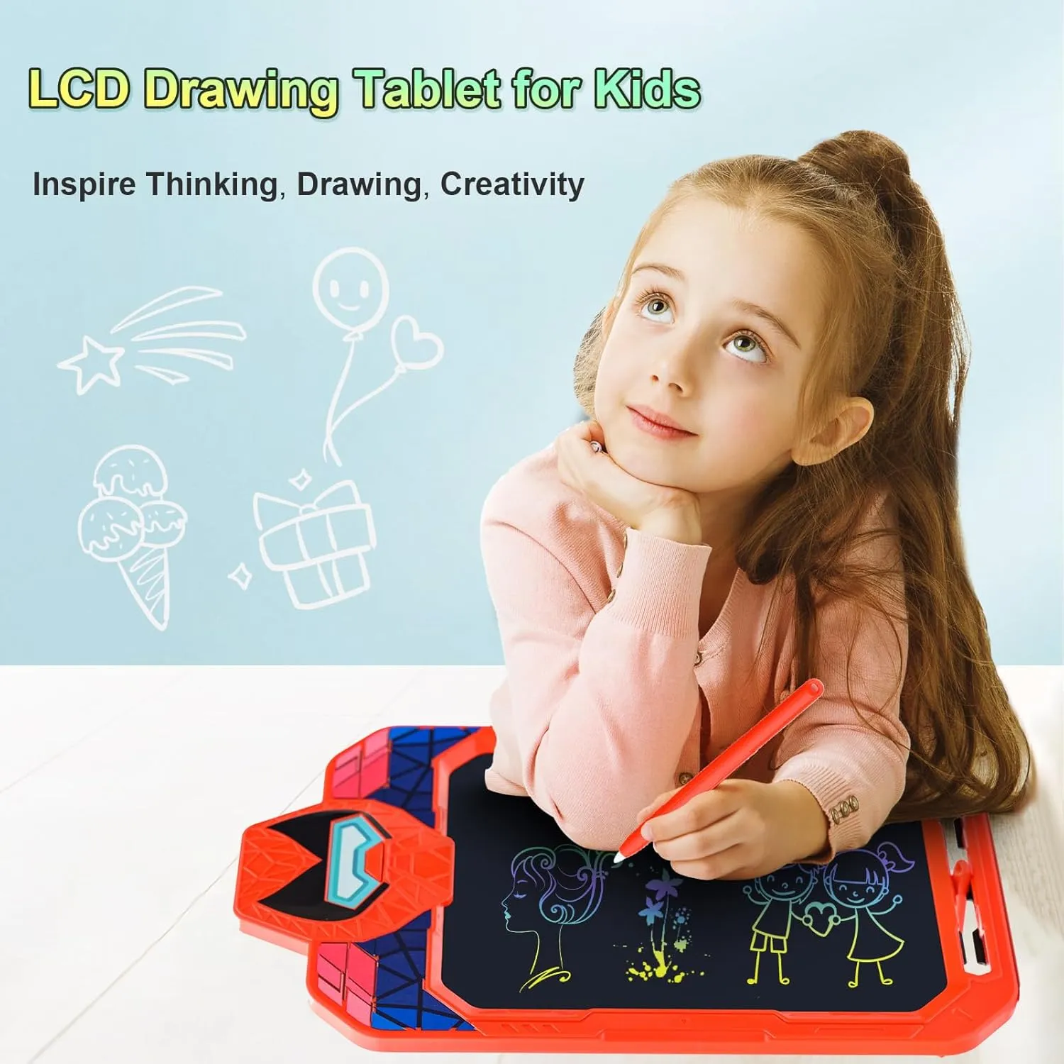 10 Inch LCD Writing Tablet for Kids, Alien Warrior Design Drawing Tablet, Doodle Board Pad for Learning, Toy Gift for Boys 3-6 Years Old (Red)