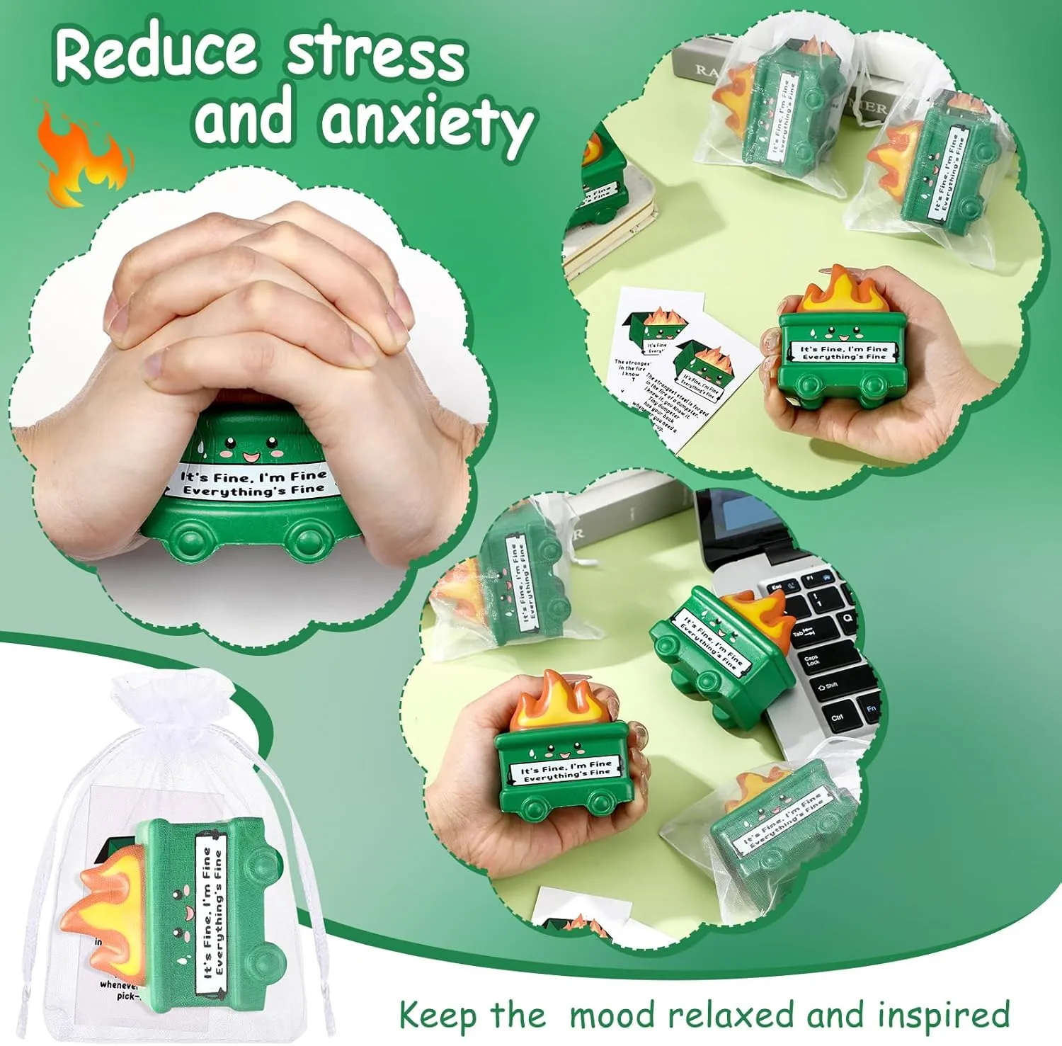 10 Set Mini Dumpster Stress Balls Bulk Motivational Quotes Stress Balls Inspirational Relief Pressure Toy Funny Squeeze Appreciation Gift for Employee Coworkers Staff Volunteer (Green)