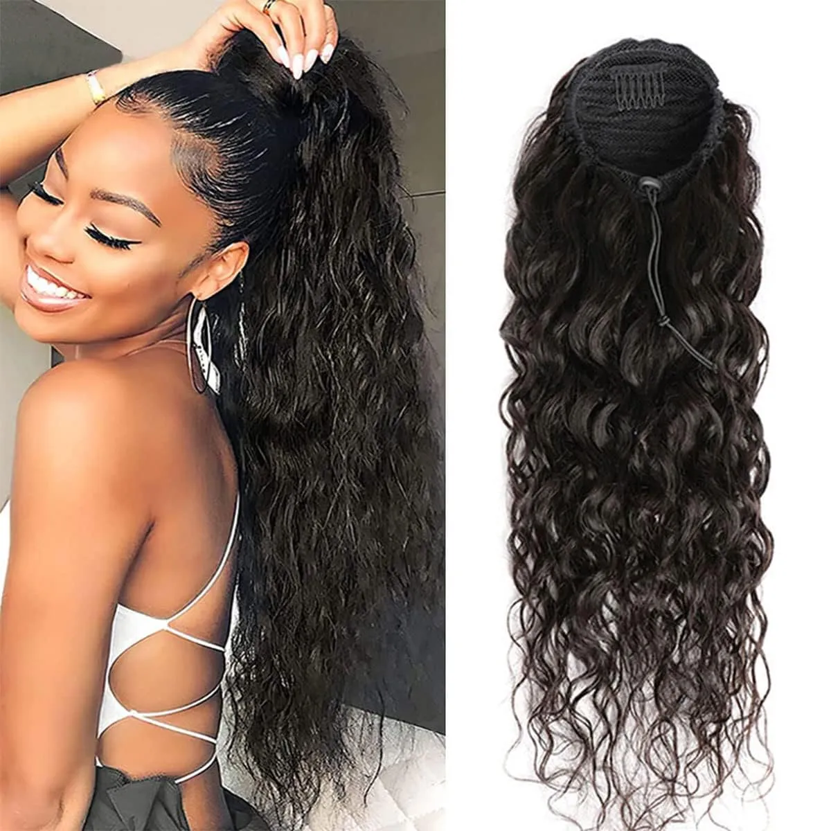100% Human Hair Drawstring Ponytail Extension,Long Curly Wavy ponytail extension for black women 18 Inch black clip in ponytail hair extensions (Curly Hair, 18 inch)