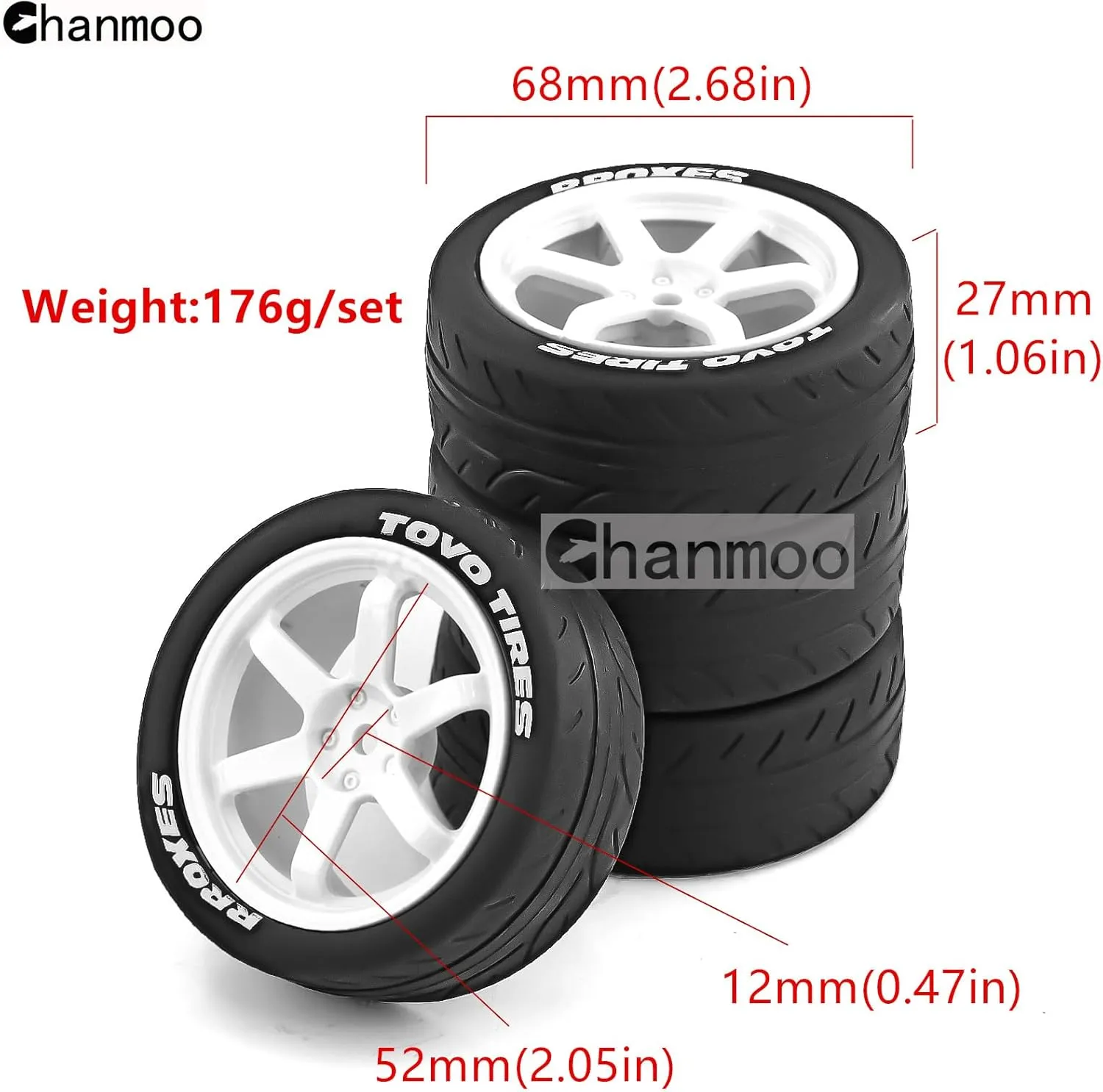 1/10 RC Rally Racing Tires And Hard Plastic Drift Wheels 12mm Hex On Road Tyres For 1:10 Touring Street Car Tamiya TT01 TT02 XV01 TA06 A959 PTG2 144001 HPI KYOSHO HSP PTG2 Traxxas 4PCS (White)