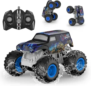 1:14 Waterproof RC Truck, Front & Rear Wheelie Monster Truck Toys, 4WD Amphibious Hobby Toy with LED Light, All Terrain Off-Road Stunt Car for 4 5 6 7 8 9 10 11 12 Year Old Boys Girls