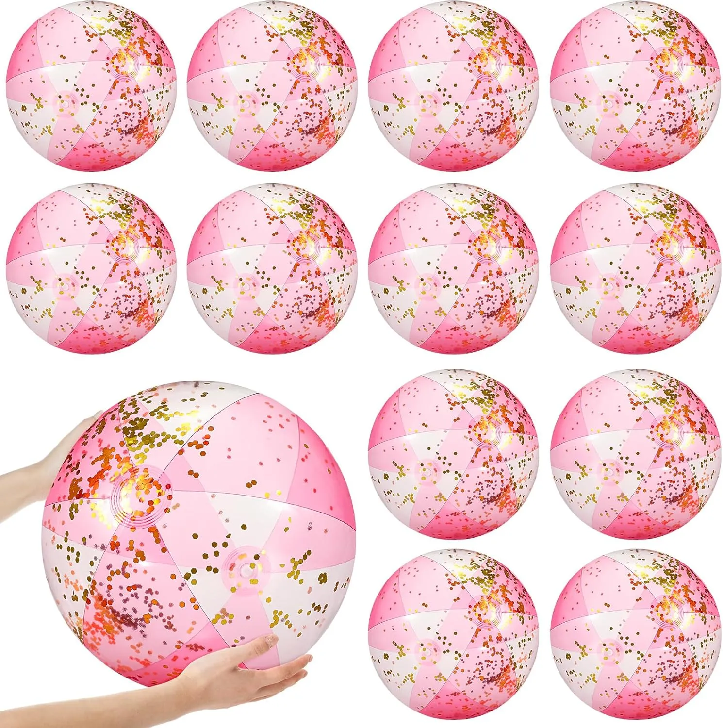 12 Pcs Inflatable Beach Balls Bulk 16 Inch Glitter Beach Balls Pool Toys for Summer Bachelorette Party Confetti Sparkling Clear Swimming Pool Toys for Party Favors (Pink)