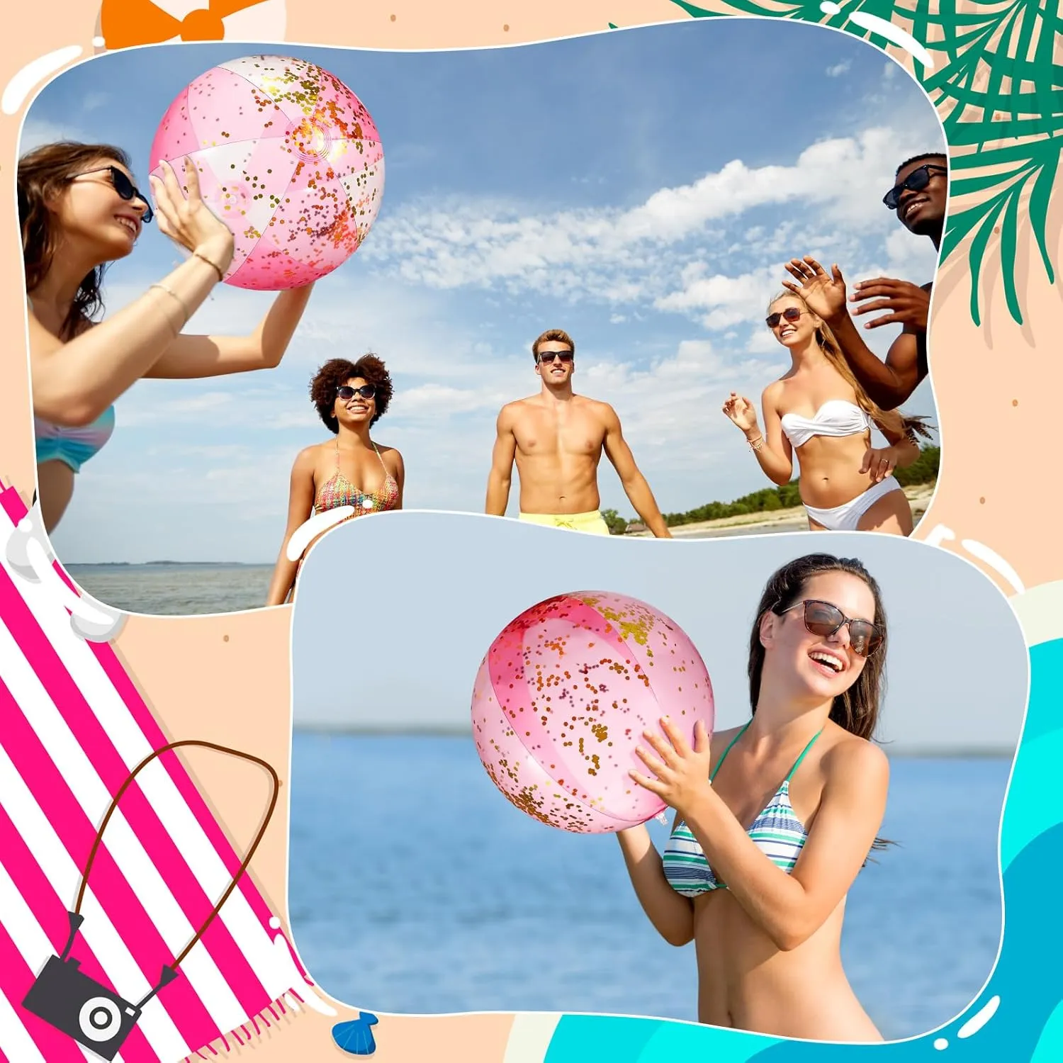 12 Pcs Inflatable Beach Balls Bulk 16 Inch Glitter Beach Balls Pool Toys for Summer Bachelorette Party Confetti Sparkling Clear Swimming Pool Toys for Party Favors (Pink)
