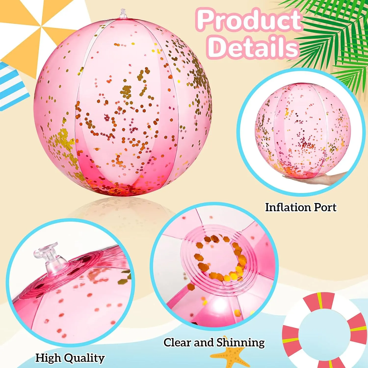 12 Pcs Inflatable Beach Balls Bulk 16 Inch Glitter Beach Balls Pool Toys for Summer Bachelorette Party Confetti Sparkling Clear Swimming Pool Toys for Party Favors (Pink)