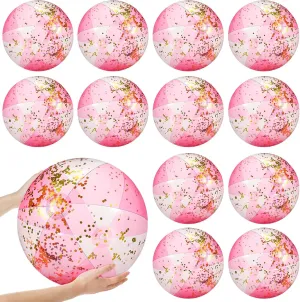 12 Pcs Inflatable Beach Balls Bulk 16 Inch Glitter Beach Balls Pool Toys for Summer Bachelorette Party Confetti Sparkling Clear Swimming Pool Toys for Party Favors (Pink)