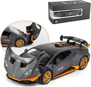 1:24 Alloy Diecast Car Model for Lamborghini Huracan STO 2021 Toy Car, Pull Back Vehicles Model Cars Toy for Kids 3 to 12 Years Old Gift Adult Collection Car Model with Sound & Light (Advanced Grey)
