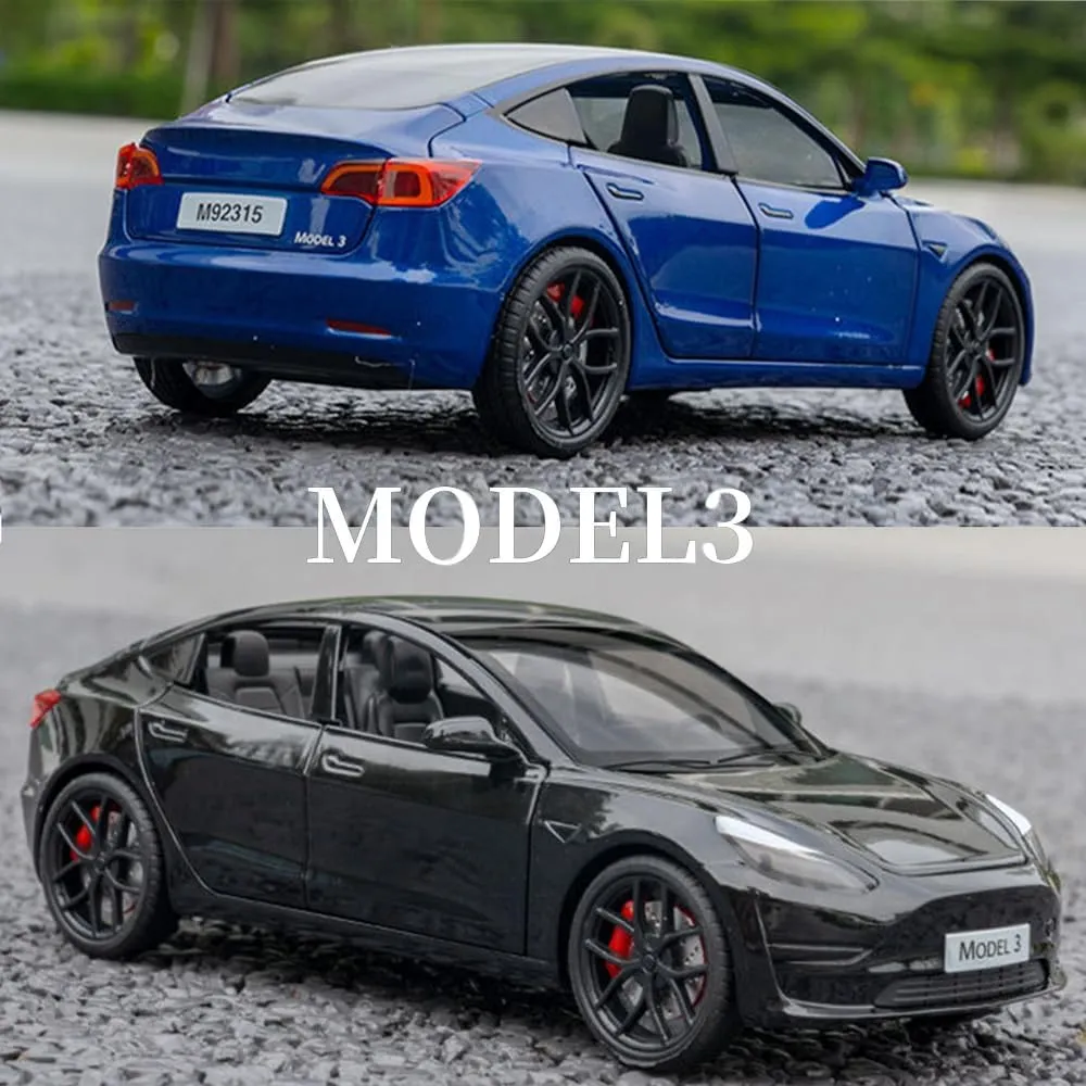 1/24 Scale Diecast Car Model 3, Alloy Diecast Toy Cars Pull Back Toys with Sound & Light, Vehicles Toys for Kids Gift Car Lovers Collection (1/24 Model 3 -Black)