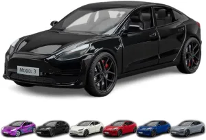1/24 Scale Diecast Car Model 3, Alloy Diecast Toy Cars Pull Back Toys with Sound & Light, Vehicles Toys for Kids Gift Car Lovers Collection (1/24 Model 3 -Black)