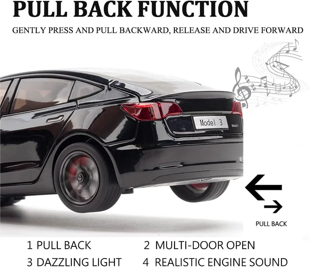 1/24 Scale Diecast Car Model 3, Alloy Diecast Toy Cars Pull Back Toys with Sound & Light, Vehicles Toys for Kids Gift Car Lovers Collection (1/24 Model 3 -Black)