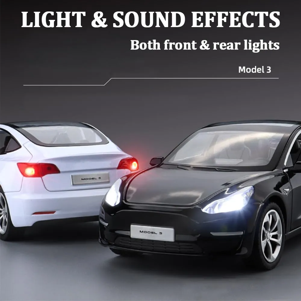 1/24 Scale Diecast Car Model 3, Alloy Diecast Toy Cars Pull Back Toys with Sound & Light, Vehicles Toys for Kids Gift Car Lovers Collection (1/24 Model 3 -Black)