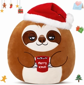 12-Inch Christmas Sloth Plush Pillow – Cute Christmas Décor Gift with Santa Hat & Merry Xmas Embroidered Hot Cocoa Cup, Cozy Christmas Holiday Cushion Gifts for Toddler Kids Boys Girls