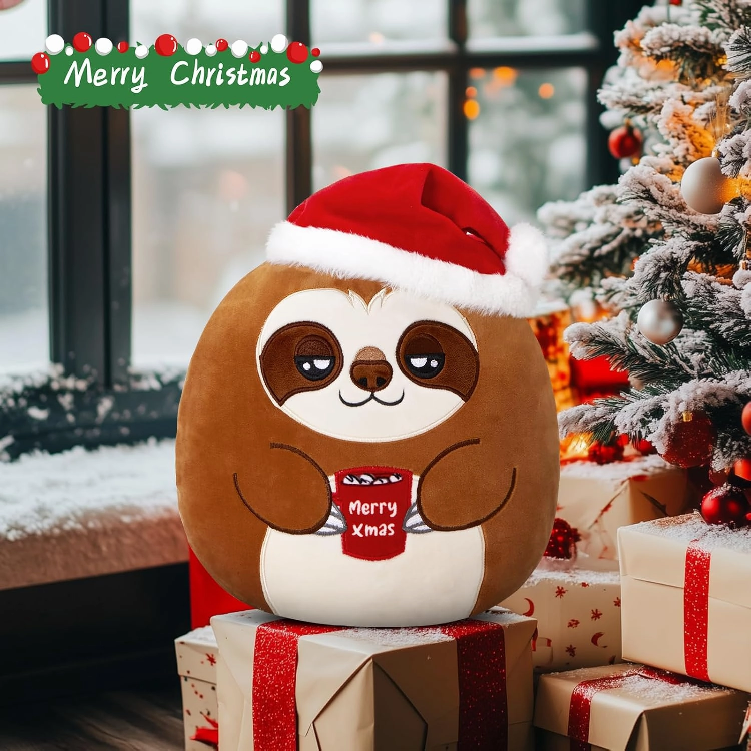 12-Inch Christmas Sloth Plush Pillow – Cute Christmas Décor Gift with Santa Hat & Merry Xmas Embroidered Hot Cocoa Cup, Cozy Christmas Holiday Cushion Gifts for Toddler Kids Boys Girls