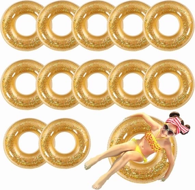 12 Pcs Pool Floats Glitter Swim Rings with Sequined Inflatable Pool Float Tube Swimming Ring Toys for Kids Boy Girl Summer Vacation Beach Party Favors Supplies
