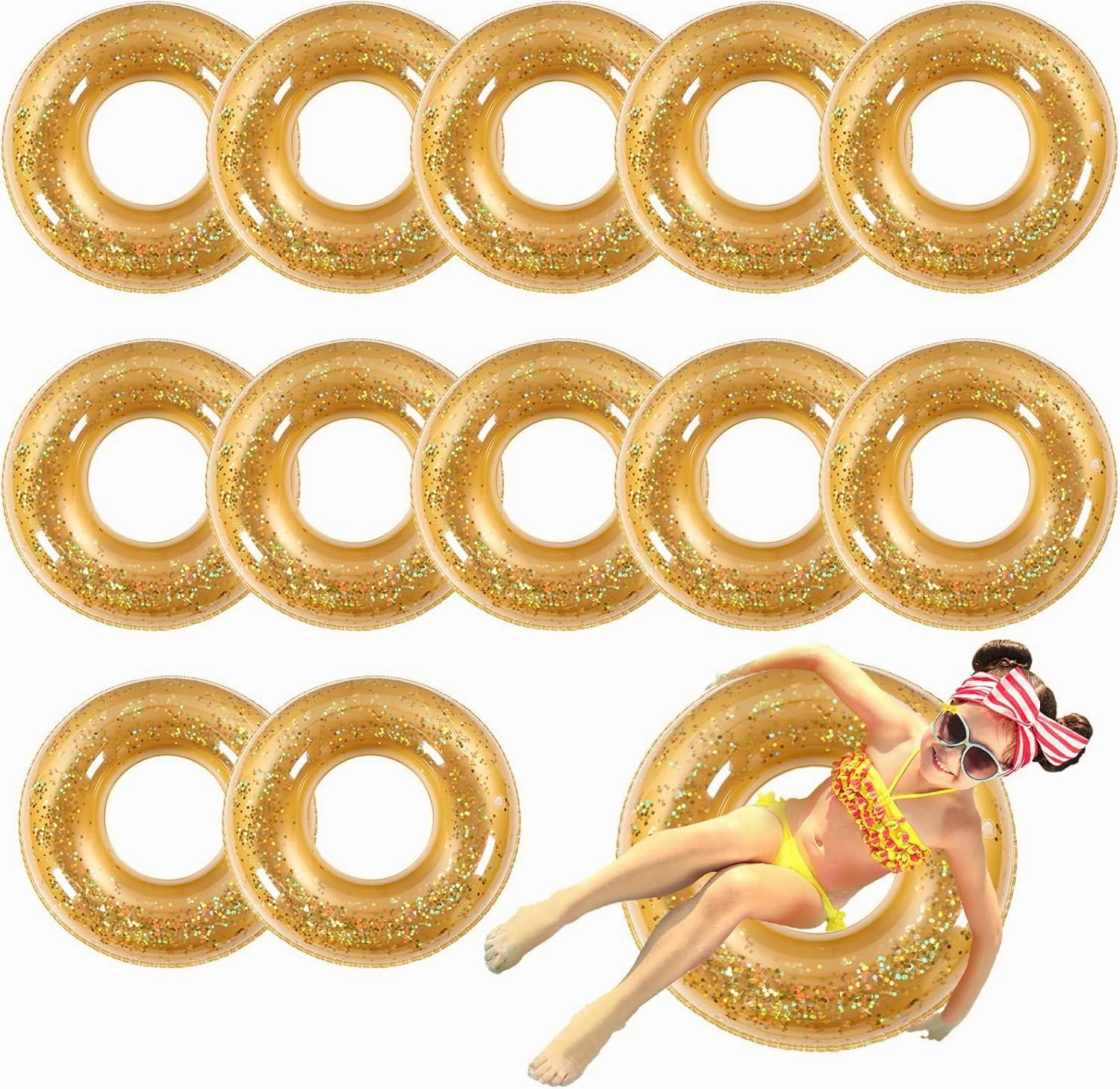 12 Pcs Pool Floats Glitter Swim Rings with Sequined Inflatable Pool Float Tube Swimming Ring Toys for Kids Boy Girl Summer Vacation Beach Party Favors Supplies