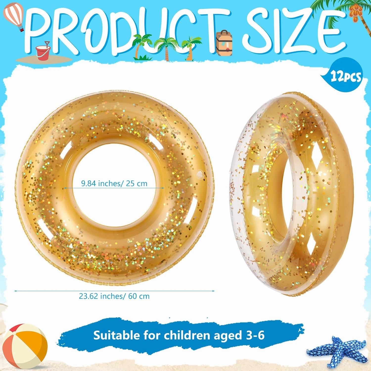 12 Pcs Pool Floats Glitter Swim Rings with Sequined Inflatable Pool Float Tube Swimming Ring Toys for Kids Boy Girl Summer Vacation Beach Party Favors Supplies