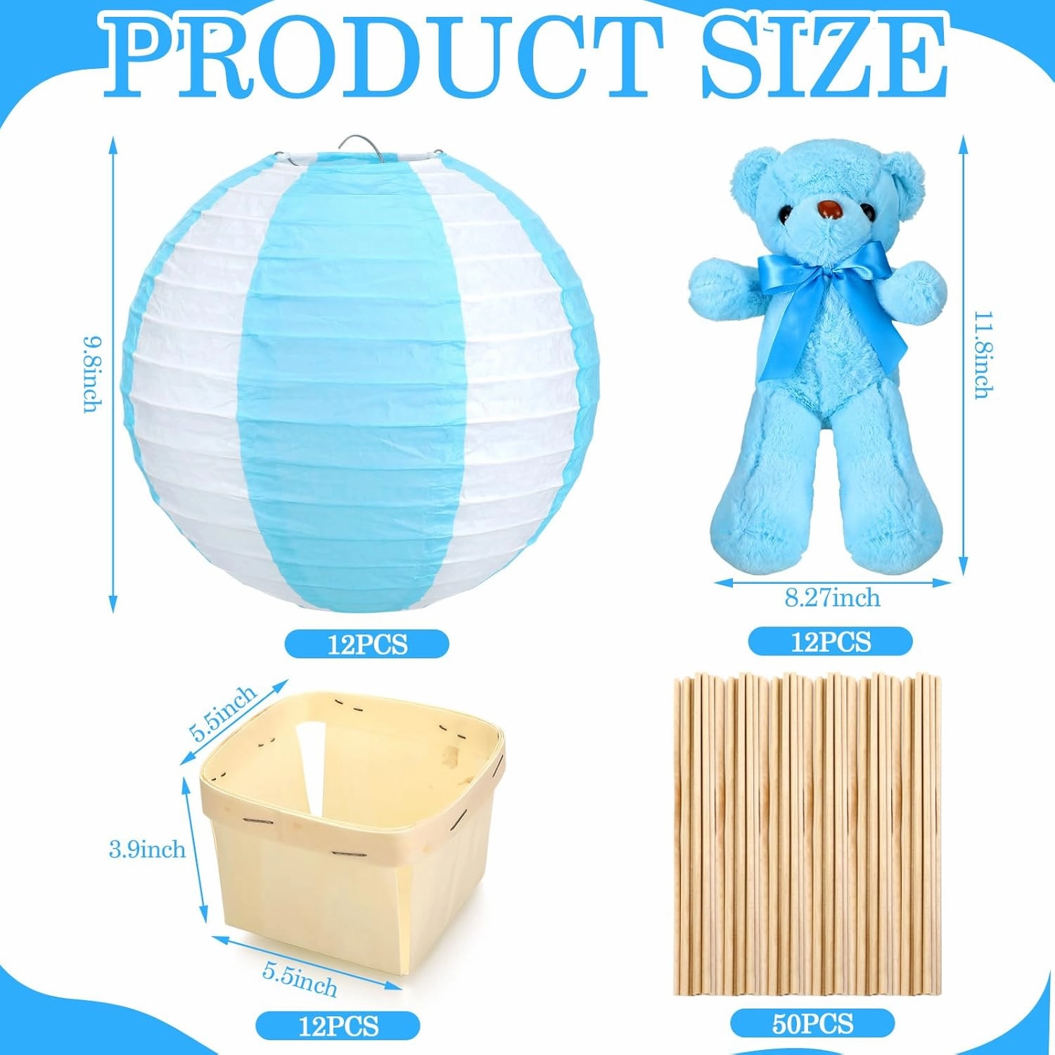 12 Sets Baby Shower Hot Air Balloon Table Centerpieces DIY Paper Lanterns Stuffed Plush Bear Wooden Baskets for Wedding Birthday Gender Reveal(Blue)