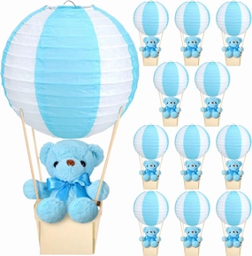 12 Sets Baby Shower Hot Air Balloon Table Centerpieces DIY Paper Lanterns Stuffed Plush Bear Wooden Baskets for Wedding Birthday Gender Reveal(Blue)