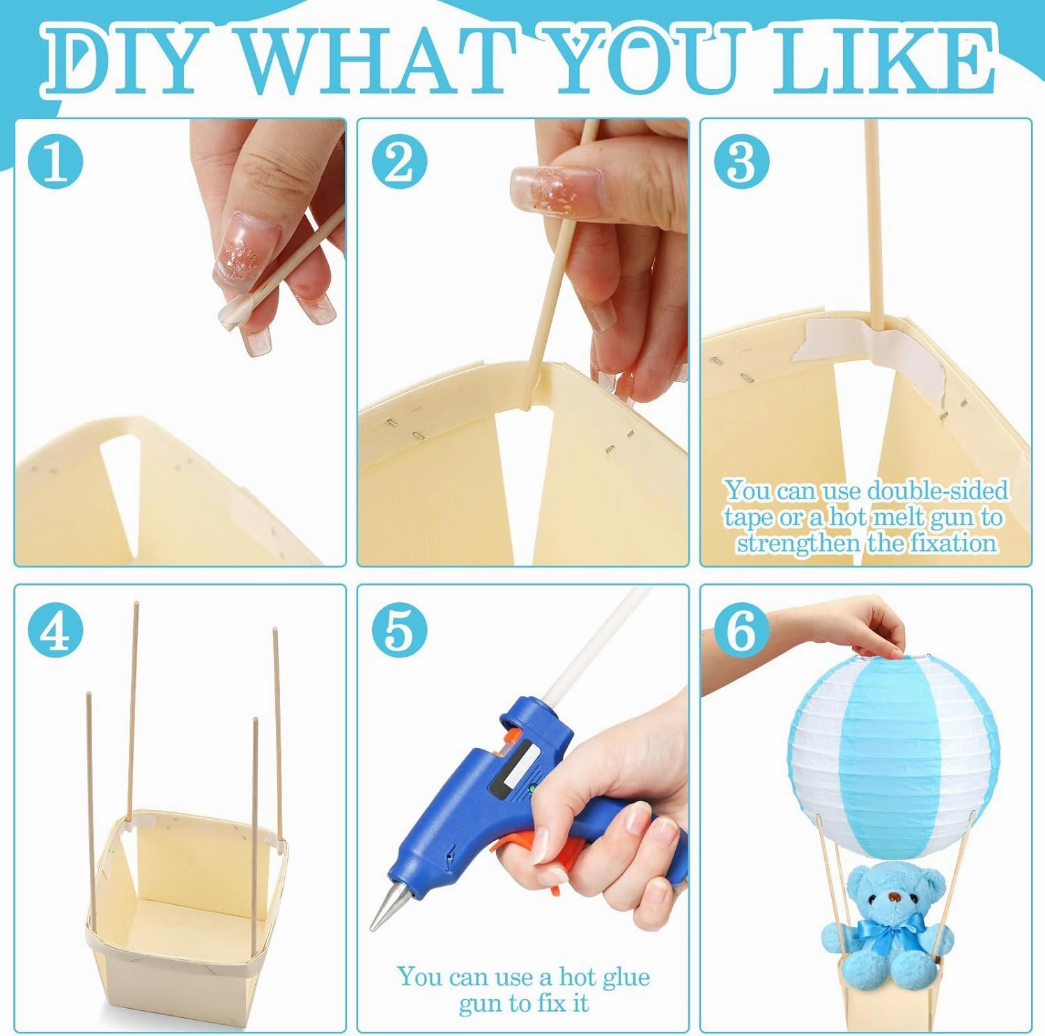 12 Sets Baby Shower Hot Air Balloon Table Centerpieces DIY Paper Lanterns Stuffed Plush Bear Wooden Baskets for Wedding Birthday Gender Reveal(Blue)