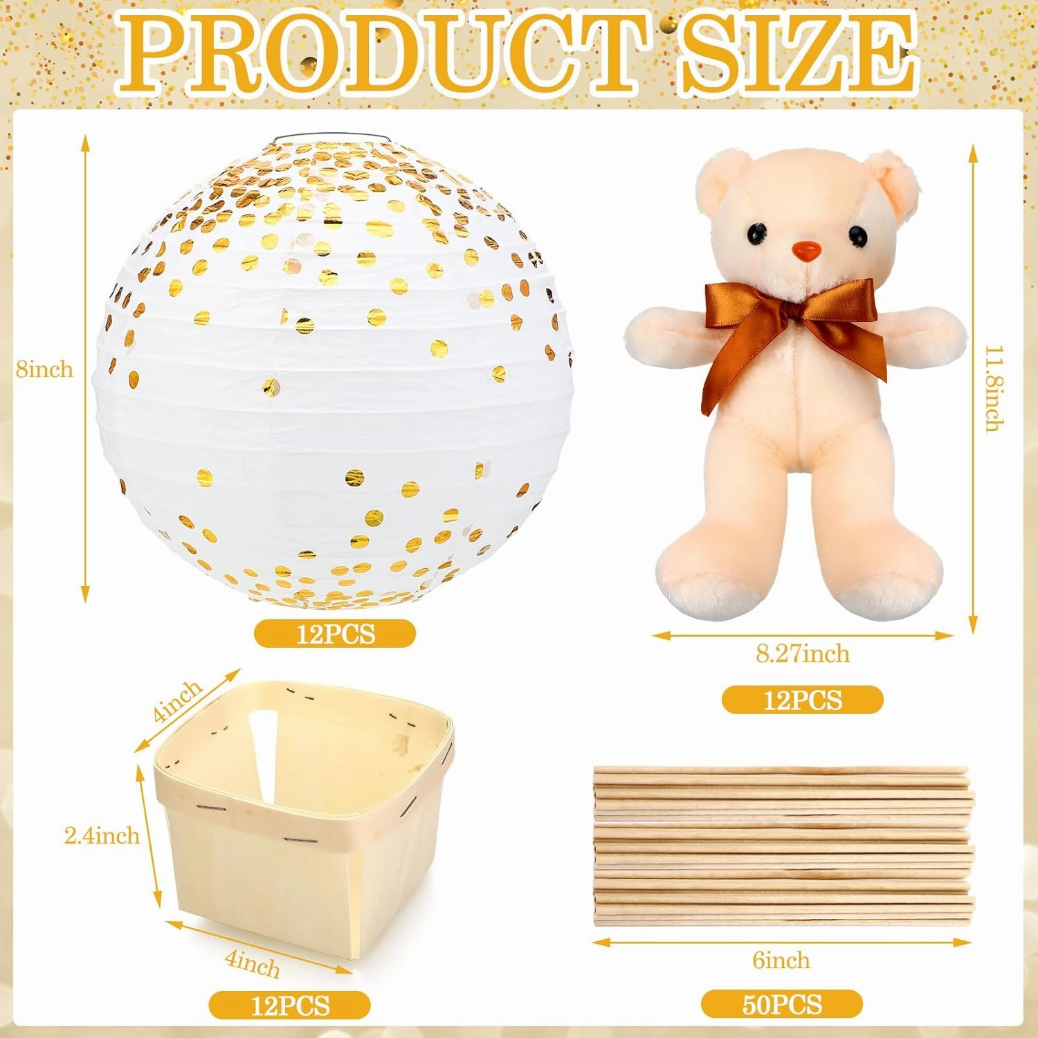 12 Sets Bear Hot Air Balloon Table Centerpieces for Baby Shower,DIY Paper Lanterns Stuffed Plush Bear Wooden Basket with Stick Adhesive Tape for Graduation Wedding Birthday(Gold on White)