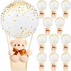 12 Sets Bear Hot Air Balloon Table Centerpieces for Baby Shower,DIY Paper Lanterns Stuffed Plush Bear Wooden Basket with Stick Adhesive Tape for Graduation Wedding Birthday(Gold on White)