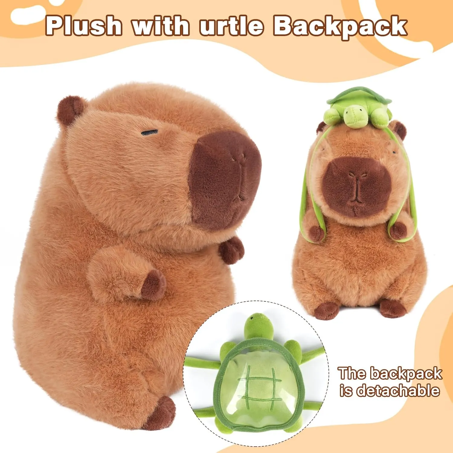 12inch Cute Capybara Plush with Turtle Backpack, Capybara Stuffed Animal Soft Capybara Plushies Toy Capybara Doll Pillow Birthday for Kids (with bag)