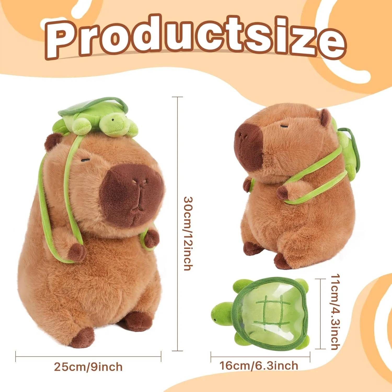 12inch Cute Capybara Plush with Turtle Backpack, Capybara Stuffed Animal Soft Capybara Plushies Toy Capybara Doll Pillow Birthday for Kids (with bag)