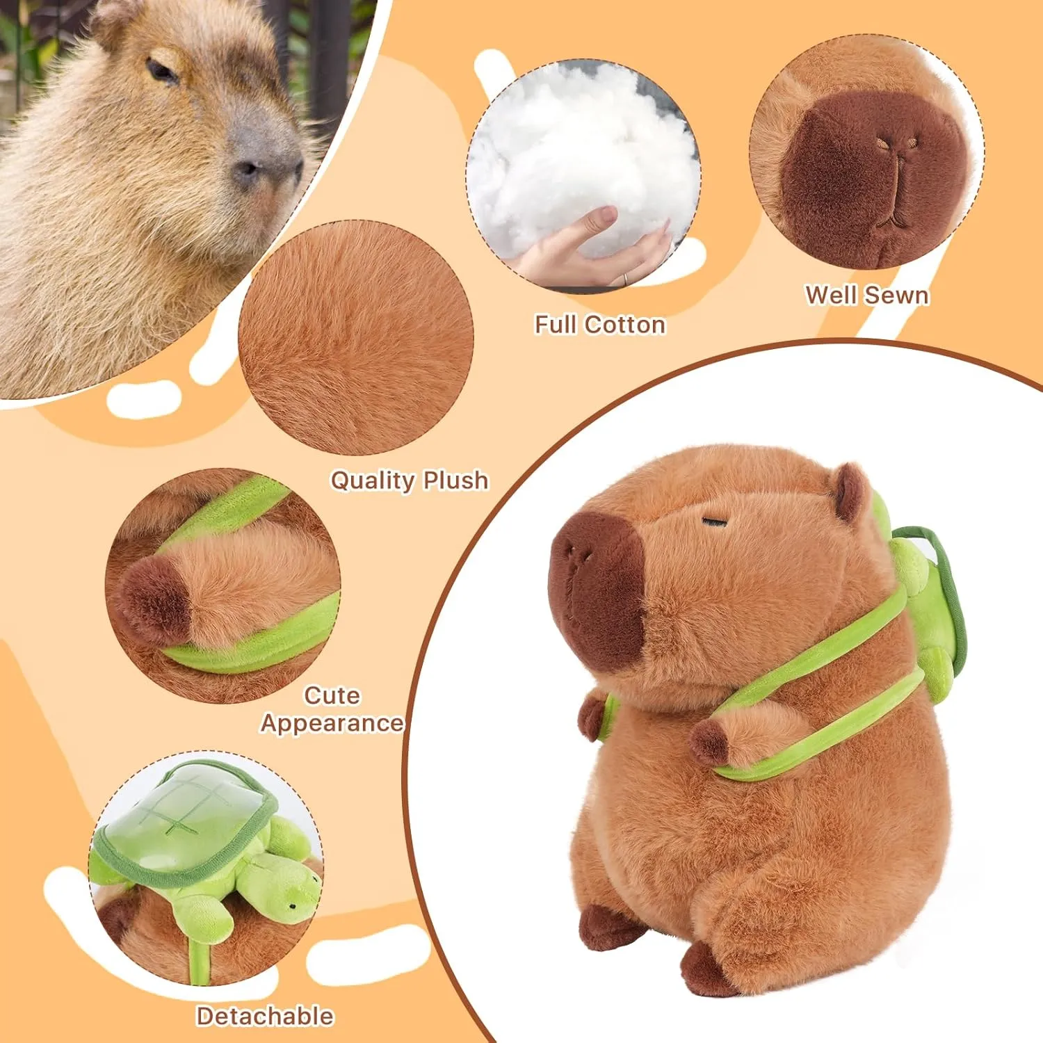 12inch Cute Capybara Plush with Turtle Backpack, Capybara Stuffed Animal Soft Capybara Plushies Toy Capybara Doll Pillow Birthday for Kids (with bag)