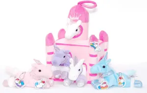 12" Pink Unicorn Castle Gift Set - Included 5 Plush Unicorns, a Pink Castle for Unicorns and 5 Puffy Unicorn Zipper Pulls