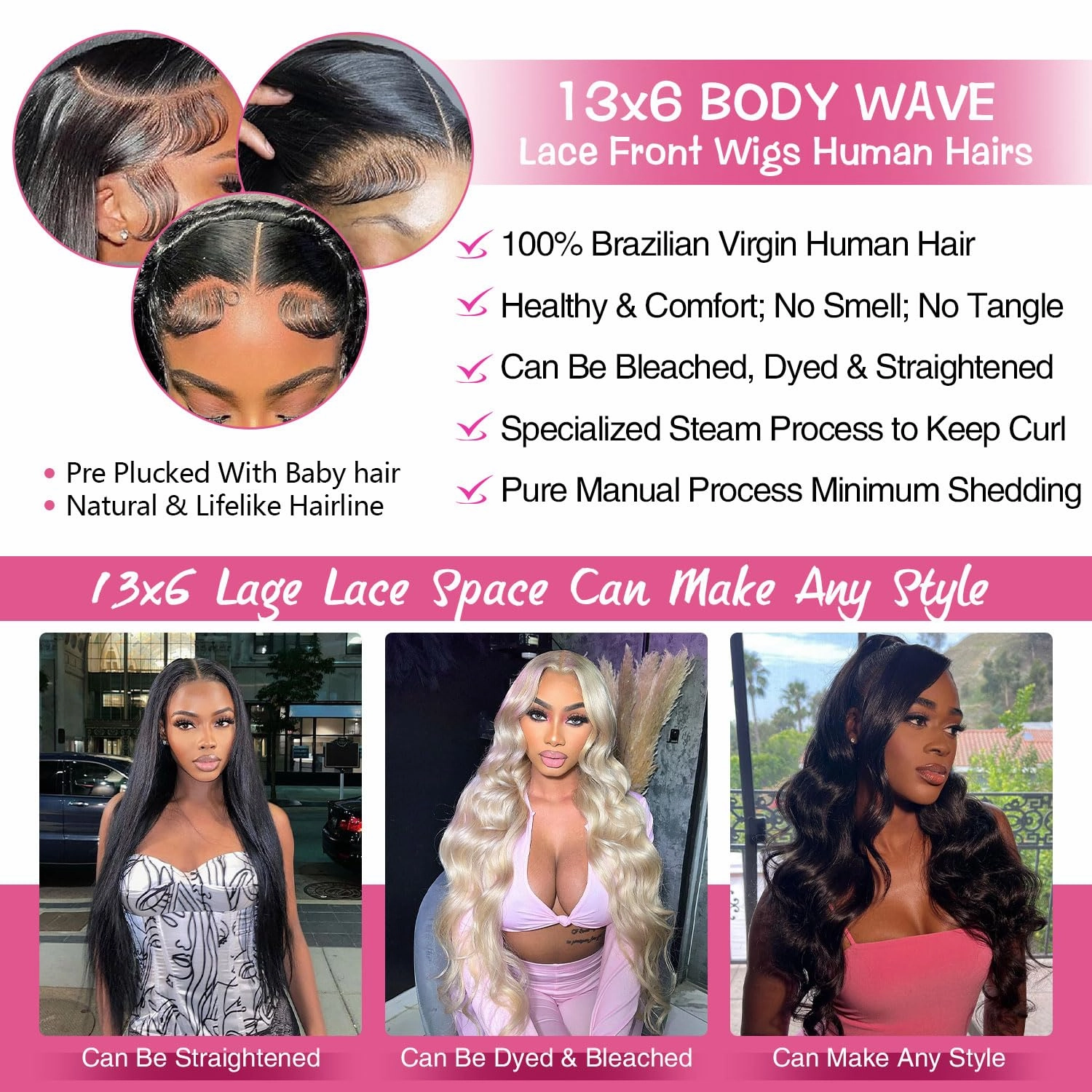 13x6 Lace Front Wigs Human Hair Pre Plucked 200% Density Body Wave HD Lace Front Wigs Human Hair Transparent Frontal Glueless Wigs Virgin Human Hair with Baby Hair for Women Natural Black 24 Inch