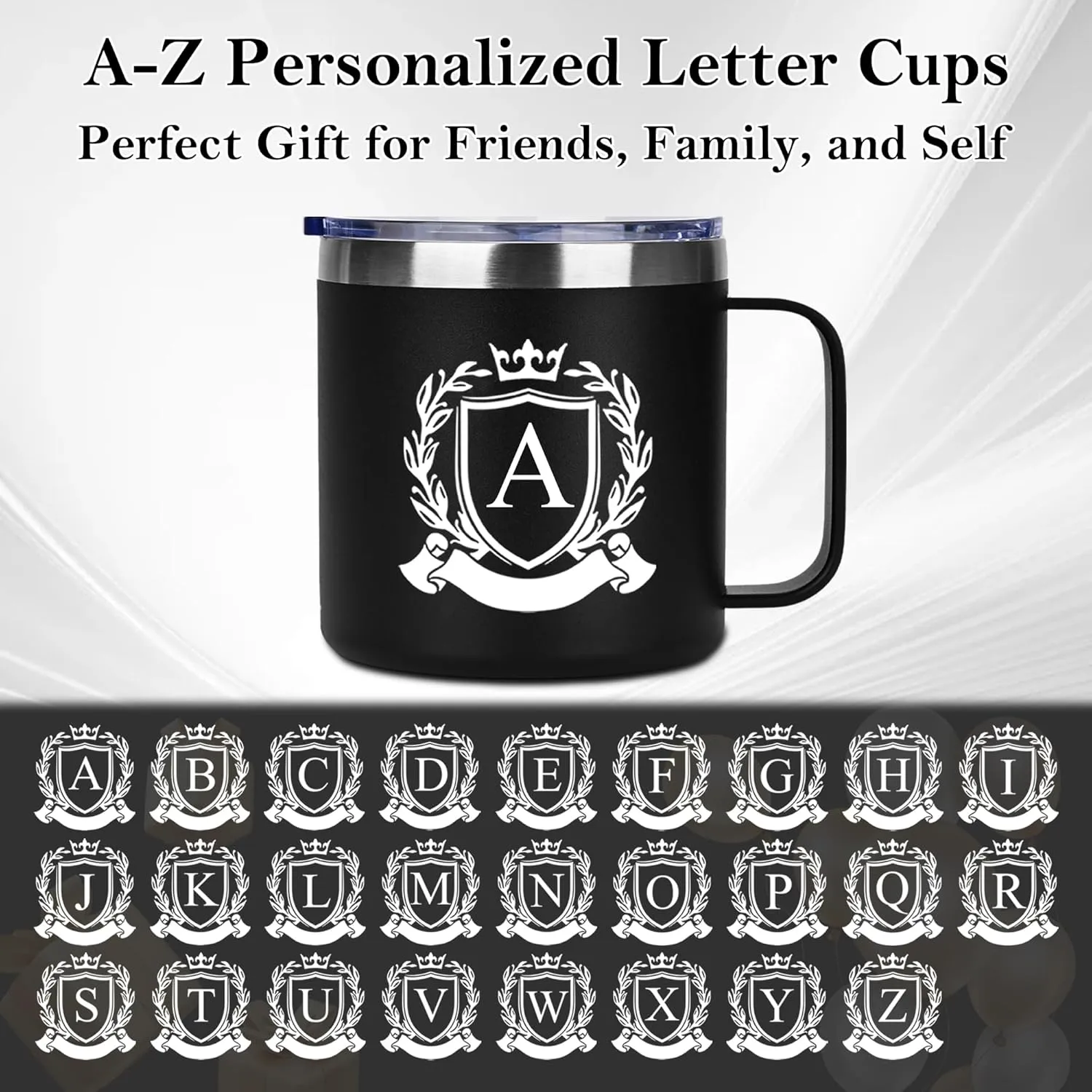 14 Oz Initial Insulated Coffee Mug with Lid Travel Large Cup Men Him Boyfriend Bf Fiance Mr 1 One Year First Anniversary Meaningful Unique Romantic Christmas Valentines Custom Day Personalized Gifts,C