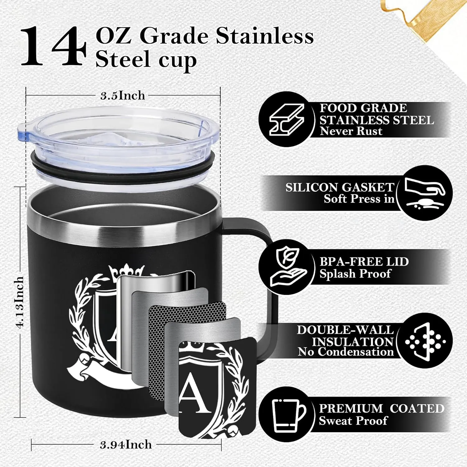 14 Oz Initial Insulated Coffee Mug with Lid Travel Large Cup Men Him Boyfriend Bf Fiance Mr 1 One Year First Anniversary Meaningful Unique Romantic Christmas Valentines Custom Day Personalized Gifts,C