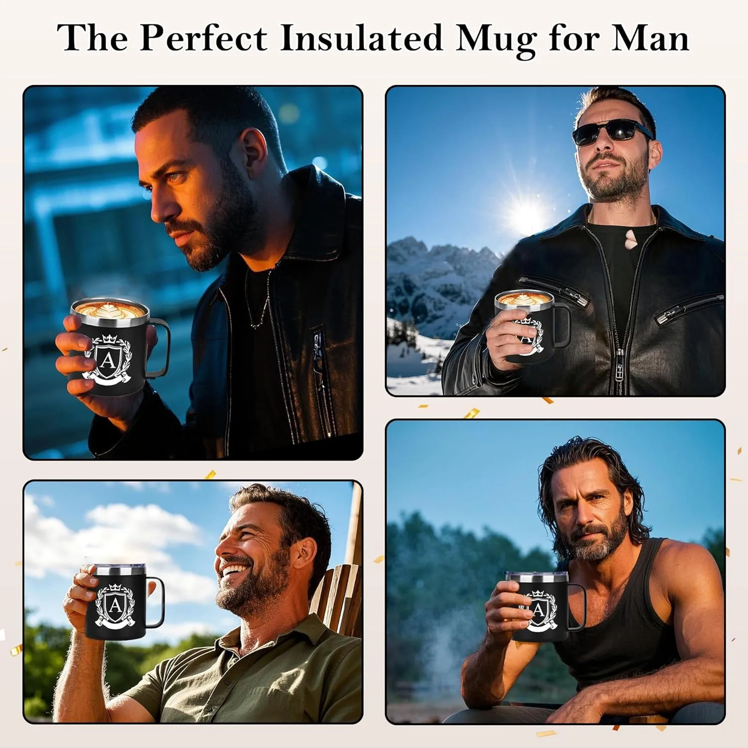 14 Oz Initial Insulated Coffee Mug with Lid Travel Large Cup Men Him Boyfriend Bf Fiance Mr 1 One Year First Anniversary Meaningful Unique Romantic Christmas Valentines Custom Day Personalized Gifts,C