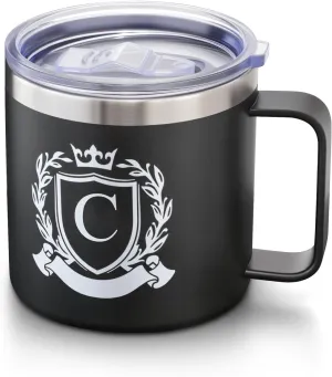 14 Oz Initial Insulated Coffee Mug with Lid Travel Large Cup Men Him Boyfriend Bf Fiance Mr 1 One Year First Anniversary Meaningful Unique Romantic Christmas Valentines Custom Day Personalized Gifts,C