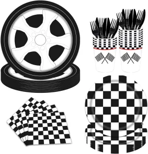 144PCS Racing Car Birthday Party Supplies Boys Racing Car Tableware Sets Black and White Checkered Race Car Party Decorations Car Theme Paper Plates Napkins Cups Forks Knives Serve 24