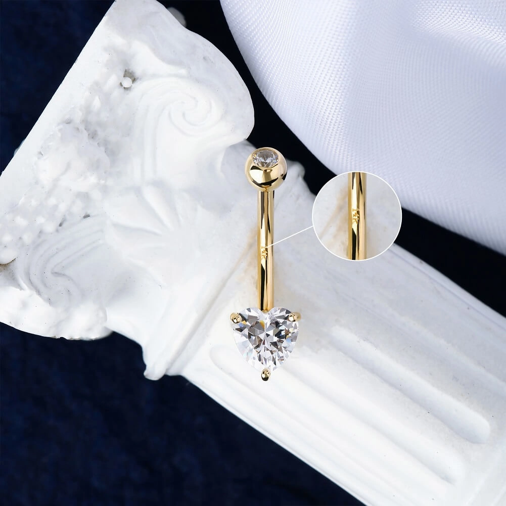 14K Gold Belly Button Rings 14G Heart Solitaire CZ Navel Ring