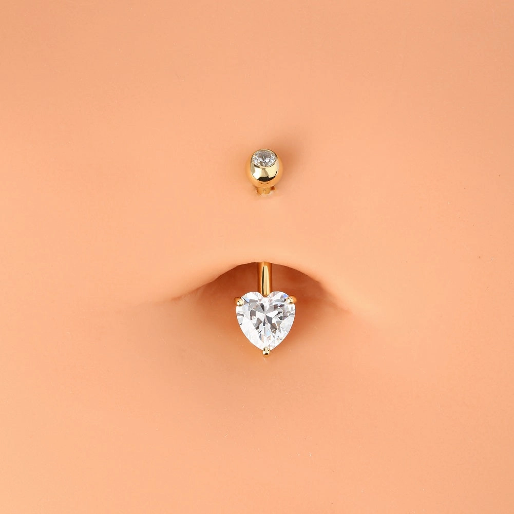14K Gold Belly Button Rings 14G Heart Solitaire CZ Navel Ring