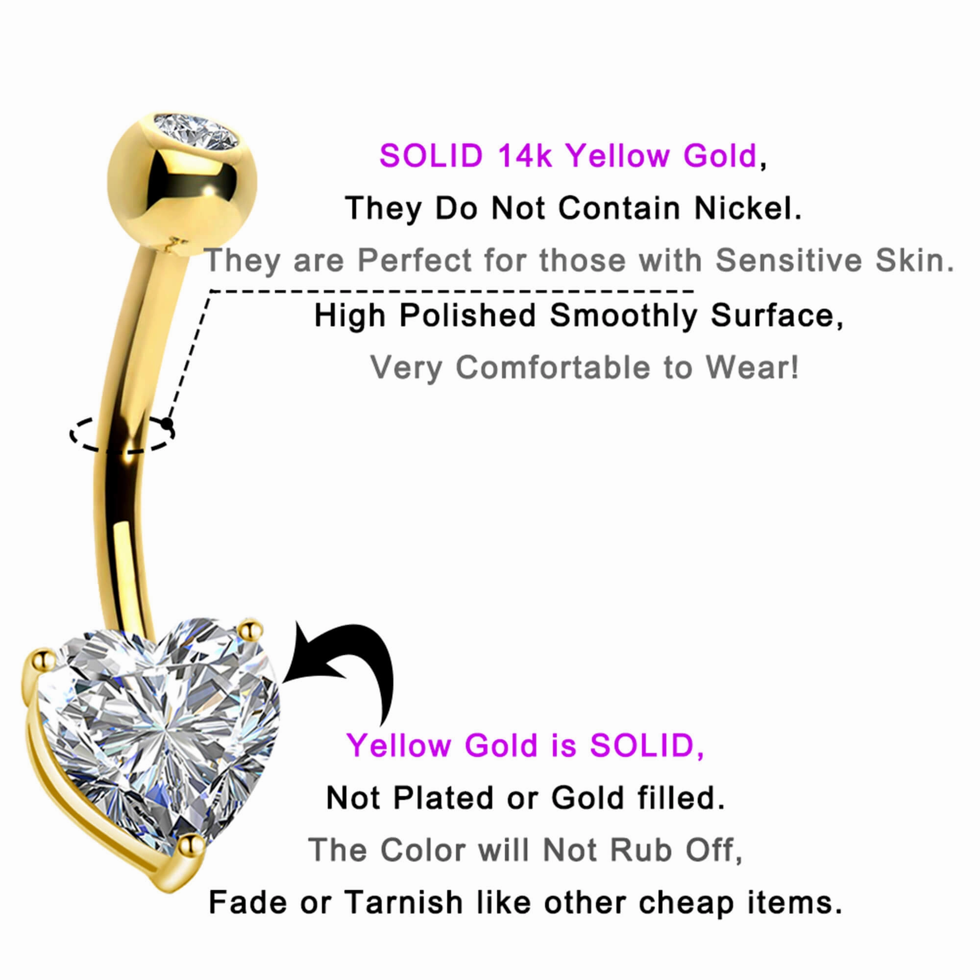 14K Gold Belly Button Rings 14G Heart Solitaire CZ Navel Ring