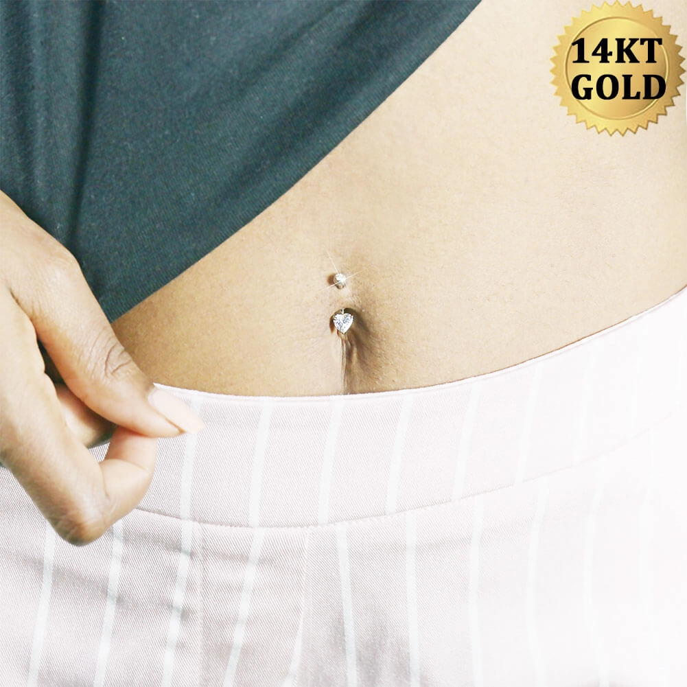 14K Gold Belly Button Rings 14G Heart Solitaire CZ Navel Ring