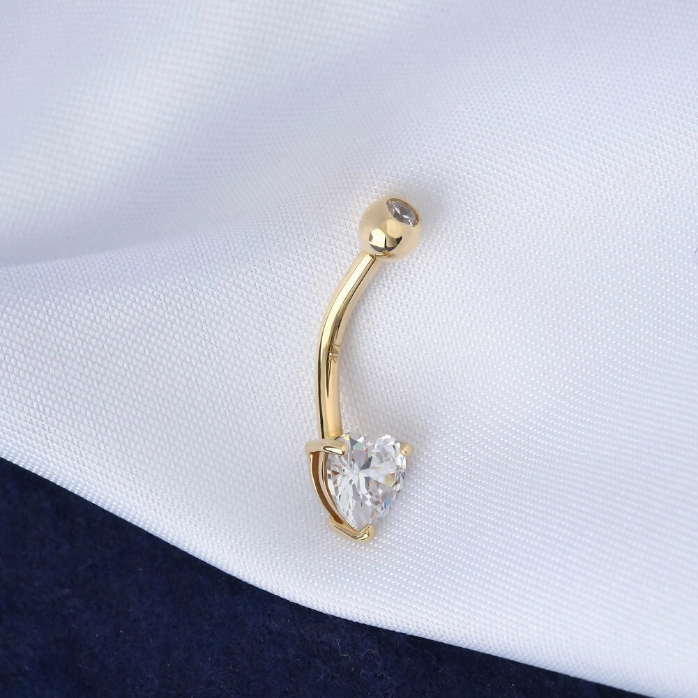 14K Gold Belly Button Rings 14G Heart Solitaire CZ Navel Ring