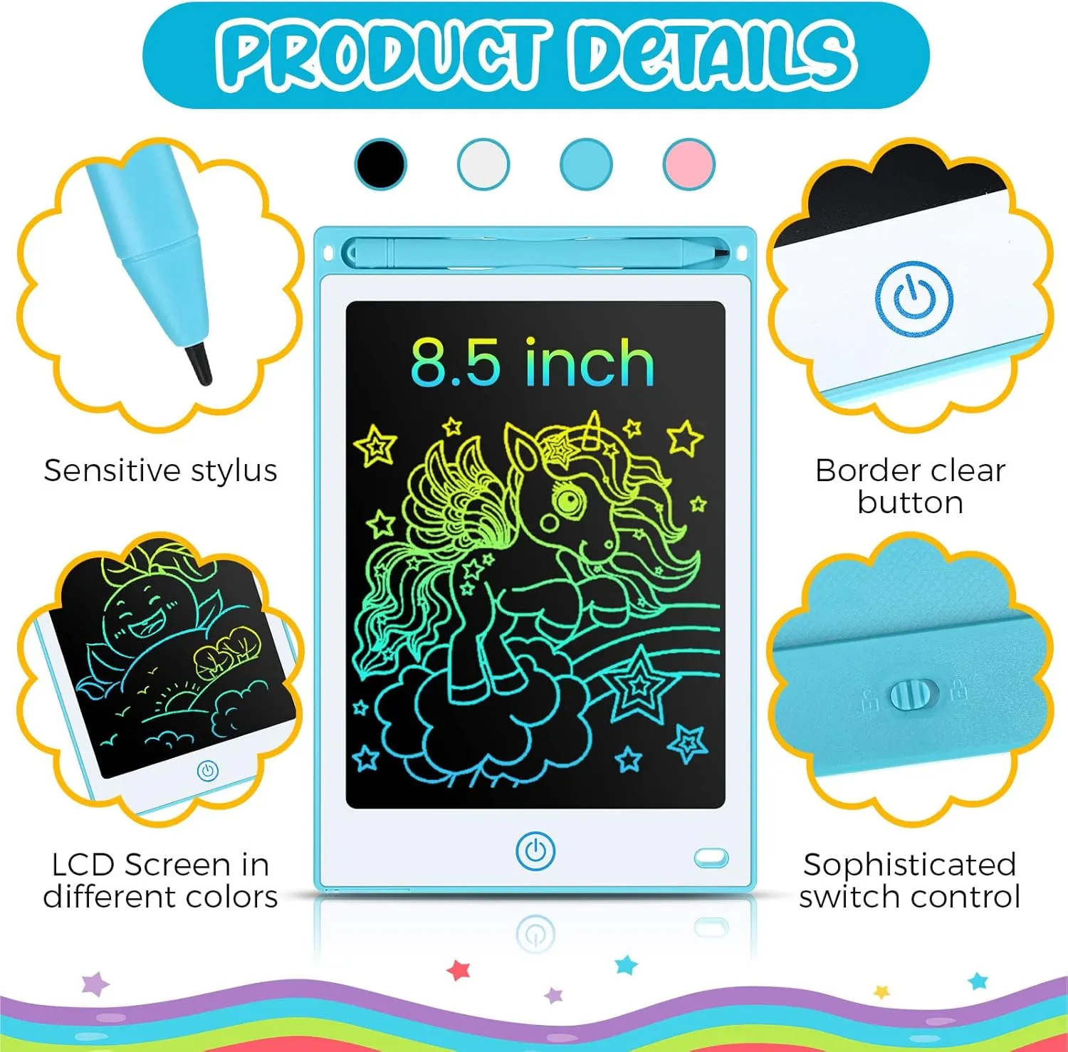 16 Pieces LCD Writing Tablet Doodle Pad for Kids 8.5 Inch LCD Drawing Board Colorful Reusable Writing Tablet for Girl Boy Toddlers Educational Toy Gift, 4 Color (Black, White, Light Blue, Light Red)