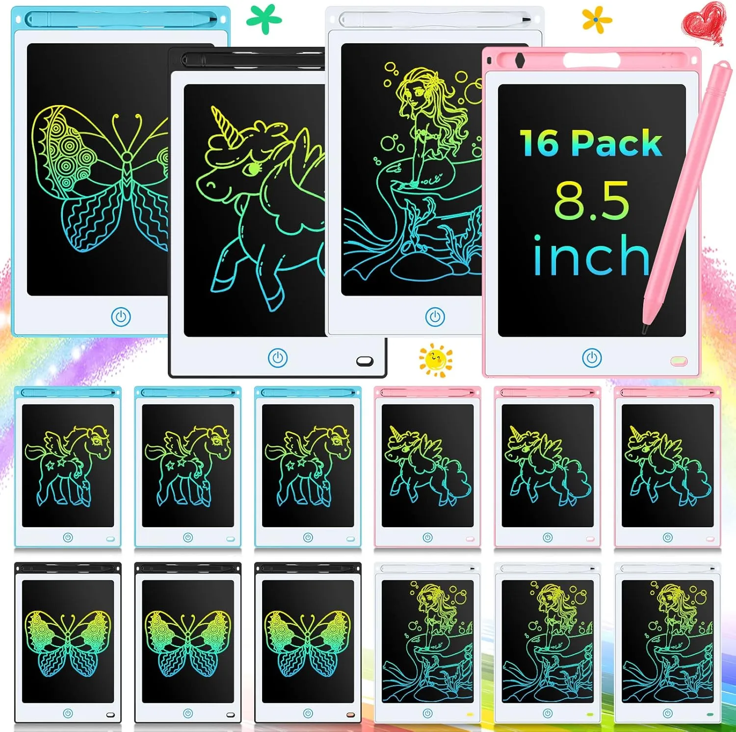 16 Pieces LCD Writing Tablet Doodle Pad for Kids 8.5 Inch LCD Drawing Board Colorful Reusable Writing Tablet for Girl Boy Toddlers Educational Toy Gift, 4 Color (Black, White, Light Blue, Light Red)