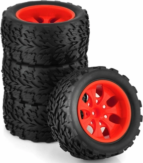 1/10 RC Monster Truck Tires and Hard Plastic Wheels 12mm Hex Off Road Truck Tyres for 1:10 Scale Short Course Truck Car Traxxas X-Maxx E-Revo Summit Kyosho 144001 HSP 94188 94111 4PCS (Red)