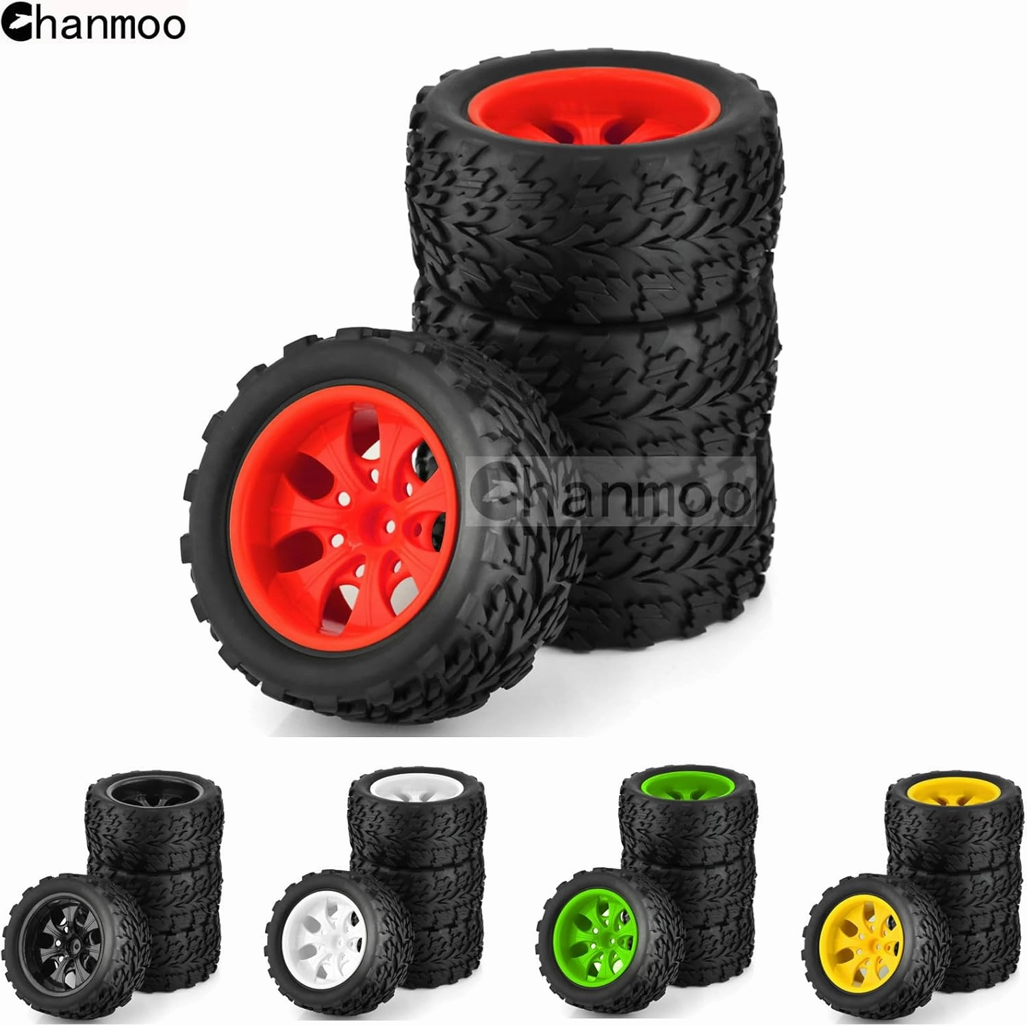 1/10 RC Monster Truck Tires and Hard Plastic Wheels 12mm Hex Off Road Truck Tyres for 1:10 Scale Short Course Truck Car Traxxas X-Maxx E-Revo Summit Kyosho 144001 HSP 94188 94111 4PCS (Red)