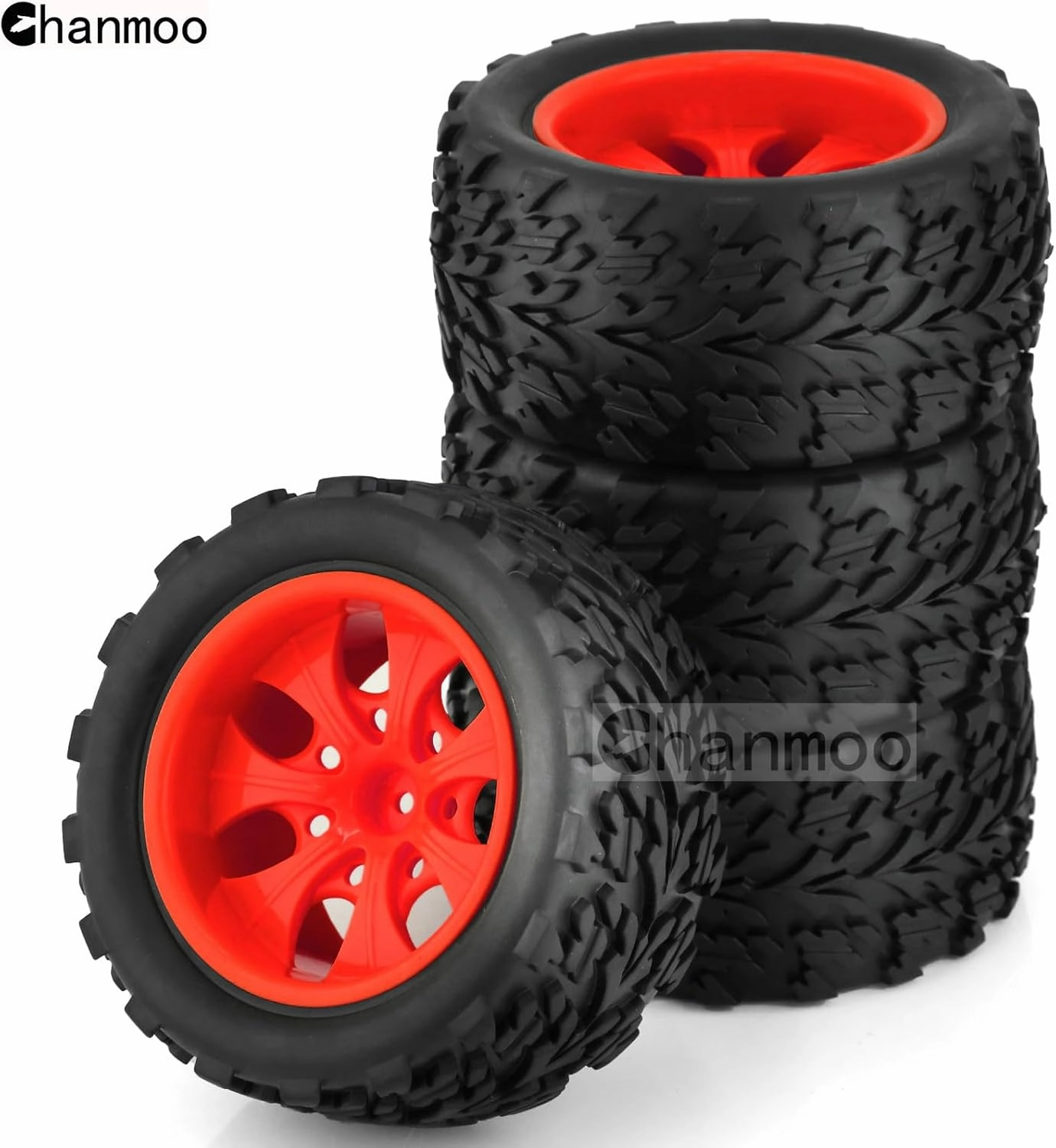 1/10 RC Monster Truck Tires and Hard Plastic Wheels 12mm Hex Off Road Truck Tyres for 1:10 Scale Short Course Truck Car Traxxas X-Maxx E-Revo Summit Kyosho 144001 HSP 94188 94111 4PCS (Red)