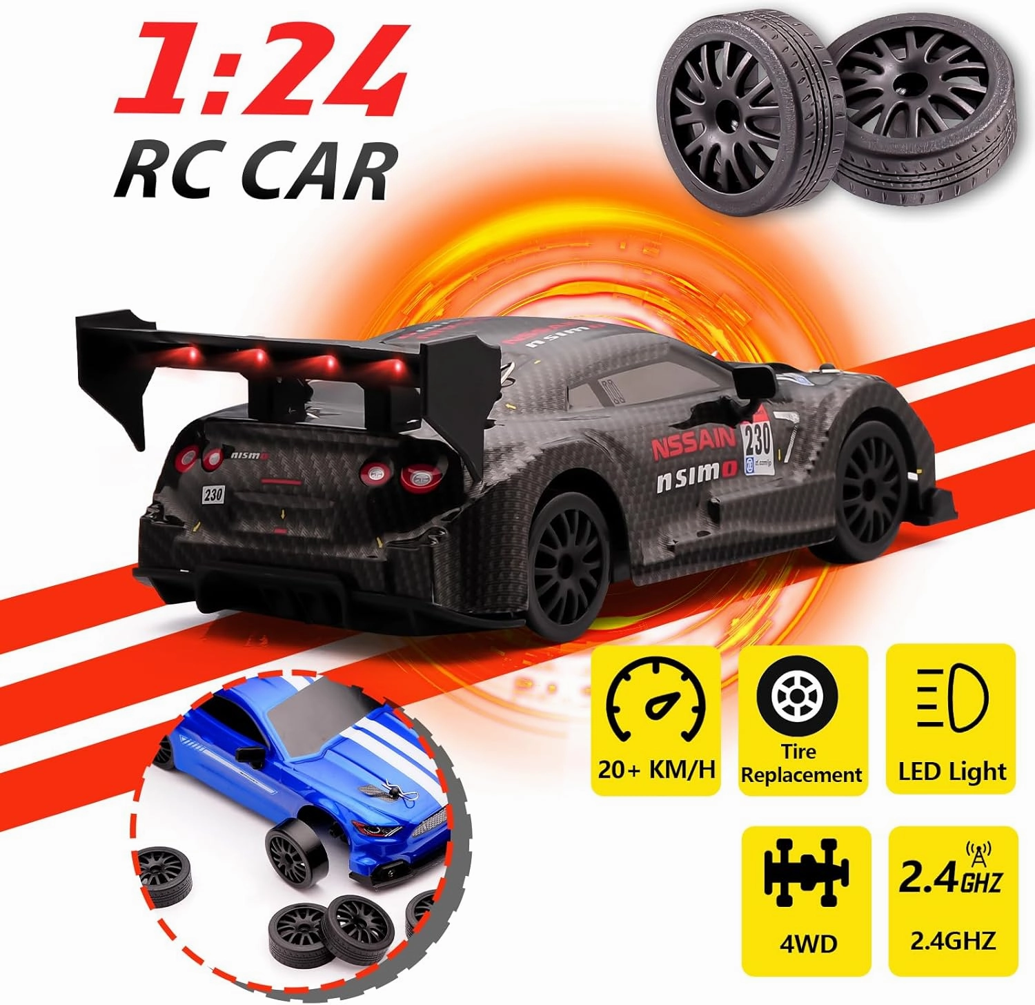 1:24 Scale RC Drift Car,4WD 2.4GHz High Speed Racing Hobby Sport Toy Car Vehicle with LED Lights,Racing and Drift Wheels for Adult Boys Girls Kids Gift (8601-Black)