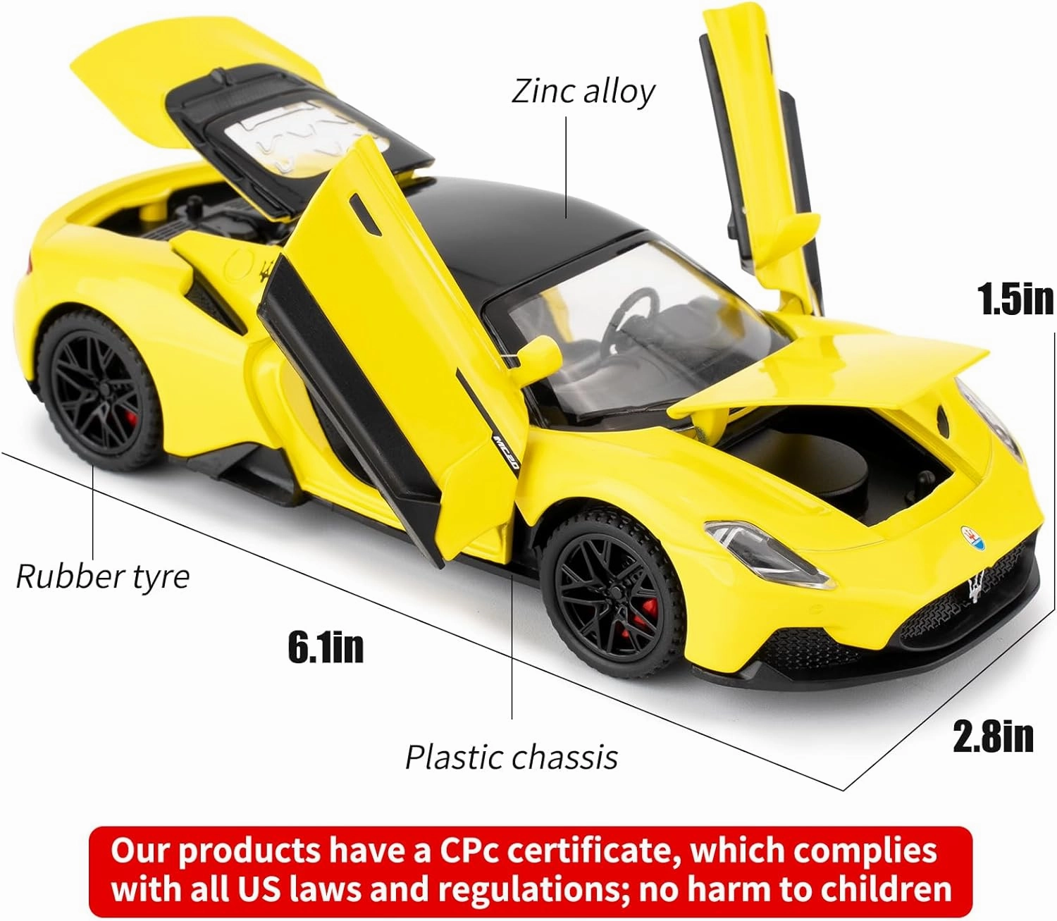 1/32 Maserati MC20 Alloy Model car, Model Toy with Pull Back Function, Toy car That Makes Sound and Bright Light, Model Toy for Collection, Gift for Kids (Yellow)
