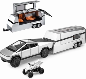 1/32 Pickup Truck and Trailer Toys with Light and Pull Back, Alloy Diecast Pickup Trailer RV Model Kit, Diecast Model Car Toy Truck and Trailer for Boys Adults as Birthday Gifts (Silver)