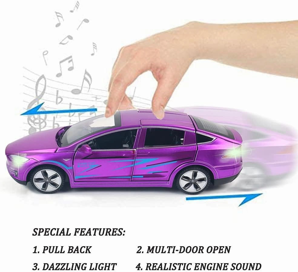 1:32 Scale Car Model X Alloy Diecast Pull Back Electronic Toys with Lights and Music, Mini Vehicles Toys for Kids Gift Car Lovers Collection (Model X - Dazzling Purple)