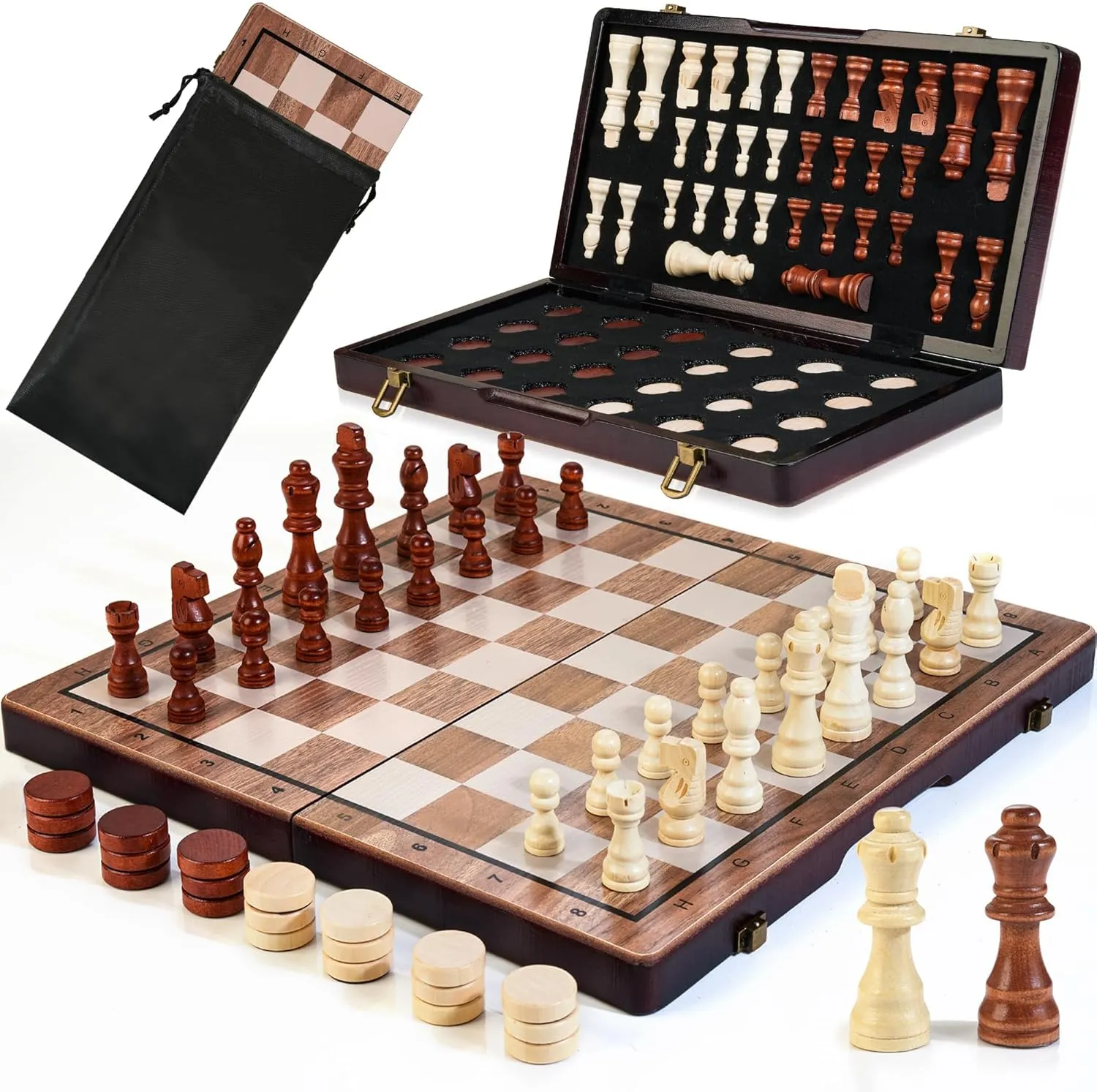 2 in 1 Magnetic Wooden Chess Set & Checkers Board Game, 15’’ Folding Chess Board with Pieces Storage Slots, 2 Extra Queens, Portable Travel Chess Set for Kids Adults Beginner Age 3 